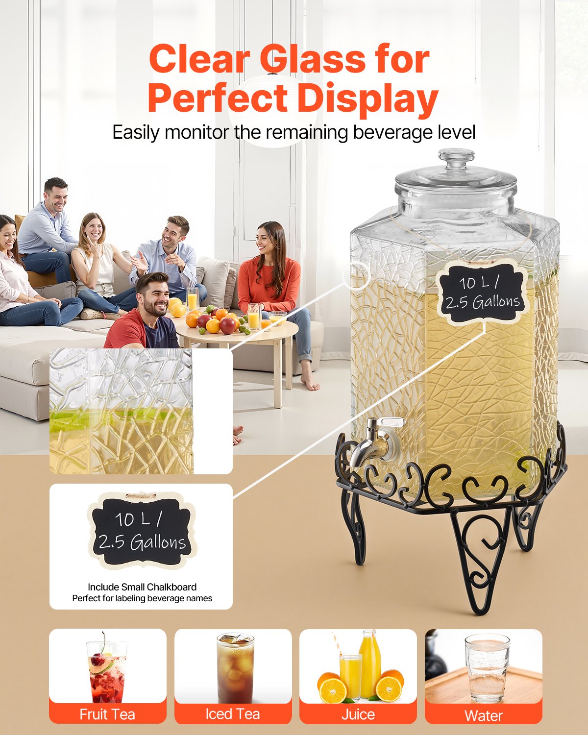 VEVOR Beverage Dispenser, 10L Drink Dispensers for Parties, Glass Juice Dispenser with Metal Stand, Stainless Steel Spigot, Iced Tea Lemonade Juice Water Dispensers for Parties