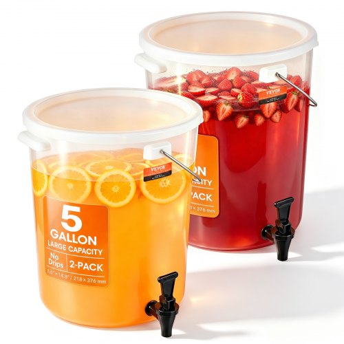 VEVOR Beverage Dispenser, 5 Gallon Drink Dispensers for Parties, Plastic Juice Dispenser with Spigot and Lid, Iced Tea Lemonade Juice Water Dispenser, for Restaurants, Hotels, Parties, 2 Pack