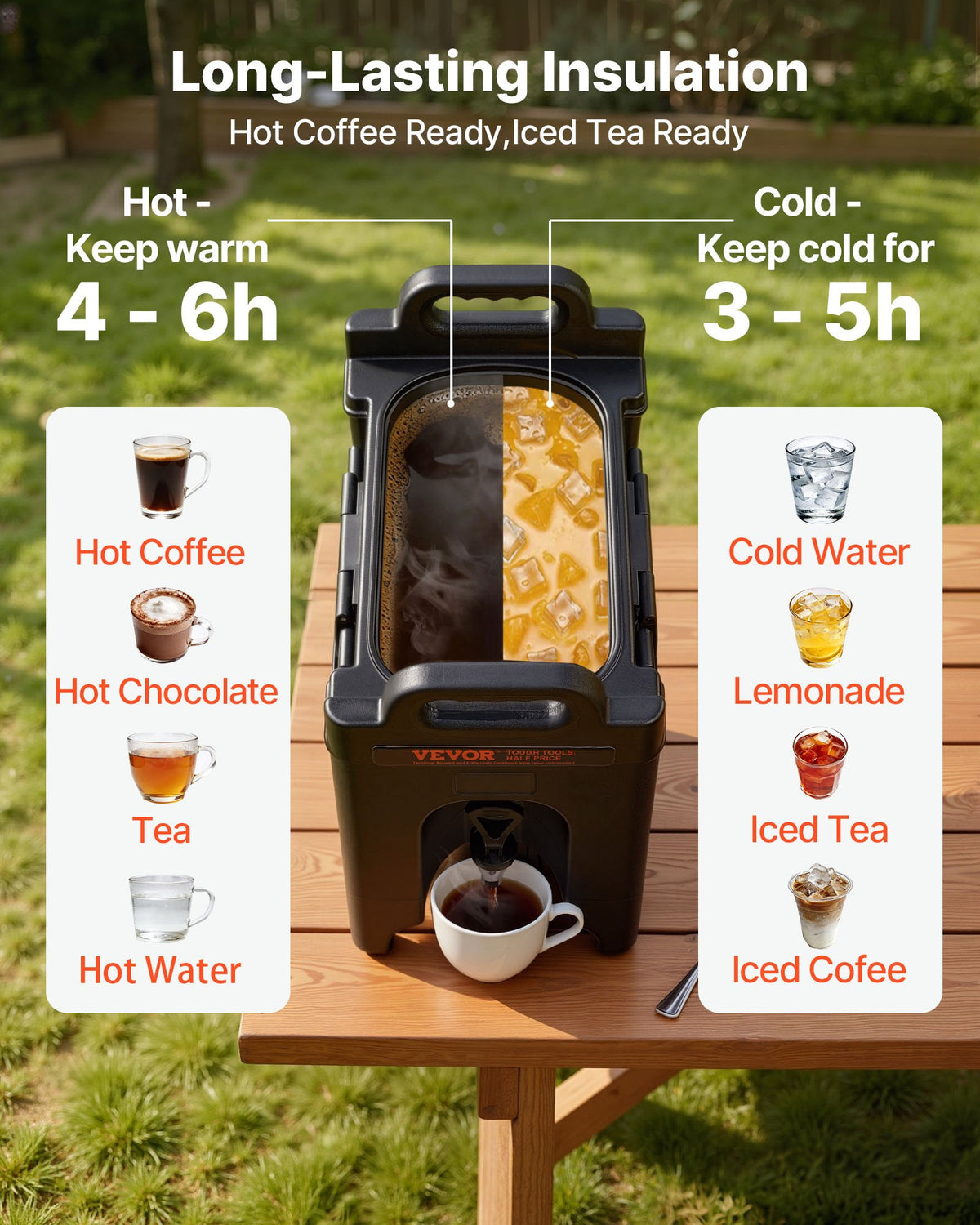 VEVOR Insulated Beverage Dispenser, 9.5 L, Food-grade LDPE Hot and Cold Beverage Server, Thermal Drink Dispenser Cooler with 2.3 cm PU Layer Two-Stage Faucet Handle, for Restaurant Drink Shop