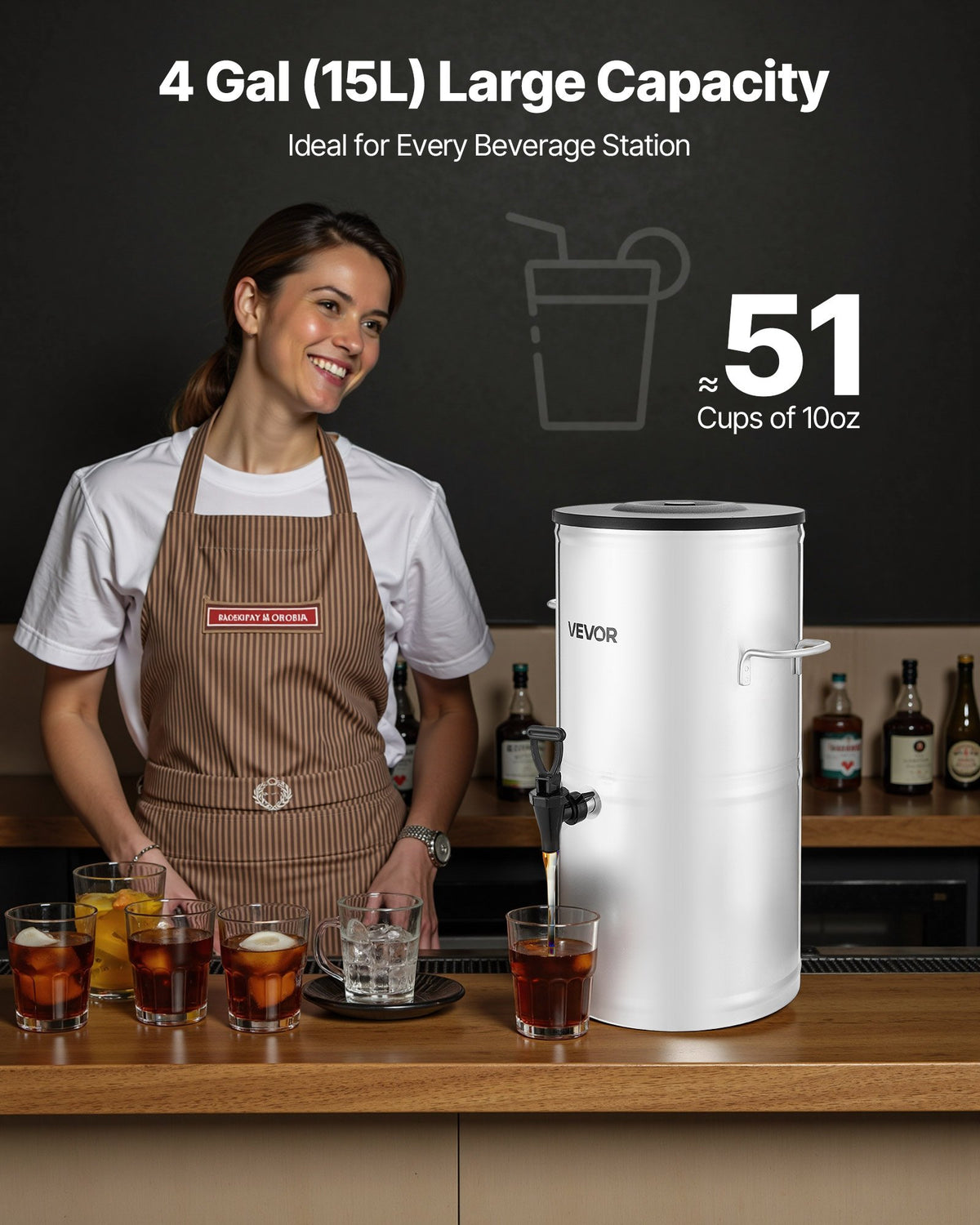 VEVOR Ice Tea Dispenser, 4 Gal/15L 304 Stainless Steel Beverage Dispenser with Spigot & Handle, Suitable for Hot and Cold Drinks, for Iced Tea Coffee Water in Cafes & Restaurants