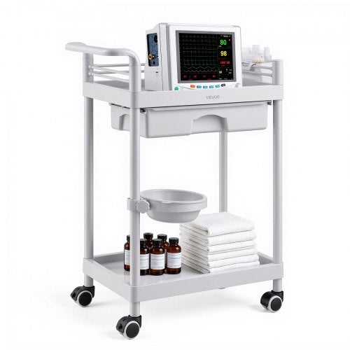 VEVOR Medical Cart Two-Tier Medical Trolley Cart with Drawer 50 kg, for Clinic, Hospital, Beauty Salon, Lab, with Storage Bin and Waste Tray, Stable Support, Medical Trolley Cart with Casters
