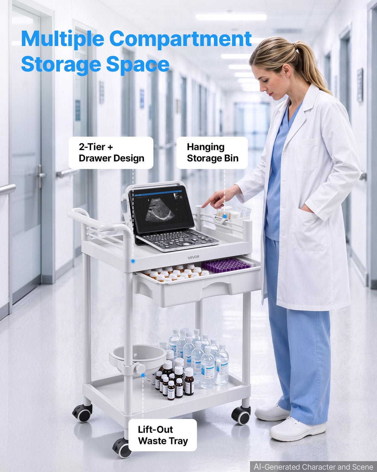 VEVOR Medical Cart Two-Tier Medical Trolley Cart with Drawer 50 kg, for Clinic, Hospital, Beauty Salon, Lab, with Storage Bin and Waste Tray, Stable Support, Medical Trolley Cart with Casters