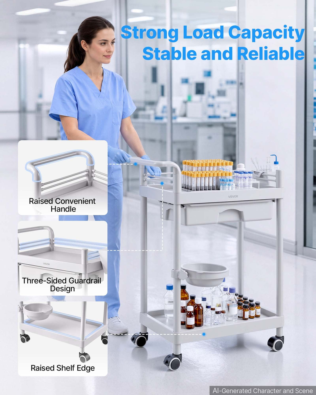 VEVOR Medical Cart Two-Tier Medical Trolley Cart with Drawer 50 kg, for Clinic, Hospital, Beauty Salon, Lab, with Storage Bin and Waste Tray, Stable Support, Medical Trolley Cart with Casters