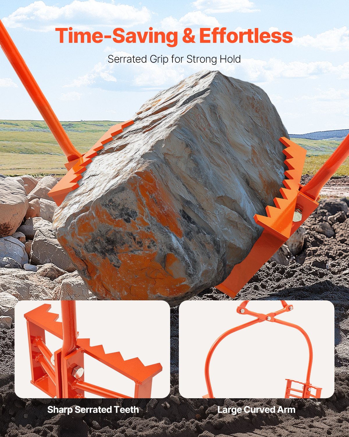 VEVOR 24in Stone Lifting Tongs, 2-Claw Rock Tongs, Heavy Duty Steel Log Tongs, 1100LBS Lifting Capacity, Swivel Log Grapple, Serrated Claw Design, Easy Chain Hook up Tongs for Stone Blocks & Marble