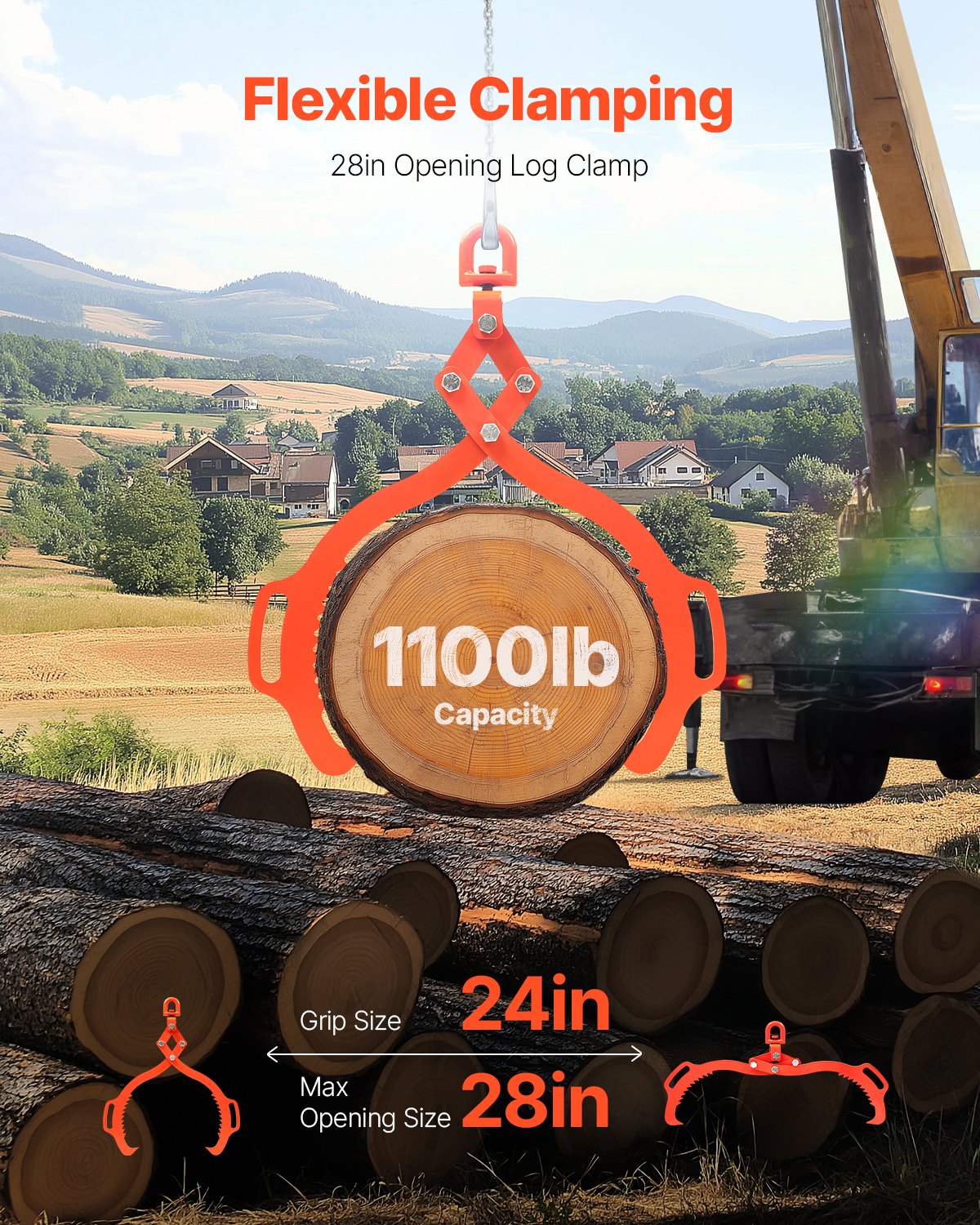 VEVOR 28in Log Lifting Tongs, 2-Claw Log Tongs, Heavy Duty Steel Log Grapple, 1100LBS Lifting Capacity, Swivel Log Graper Timber, Eagle Claw Design, Log Skidding Tongs for Trucks, Tractors, Forklifts