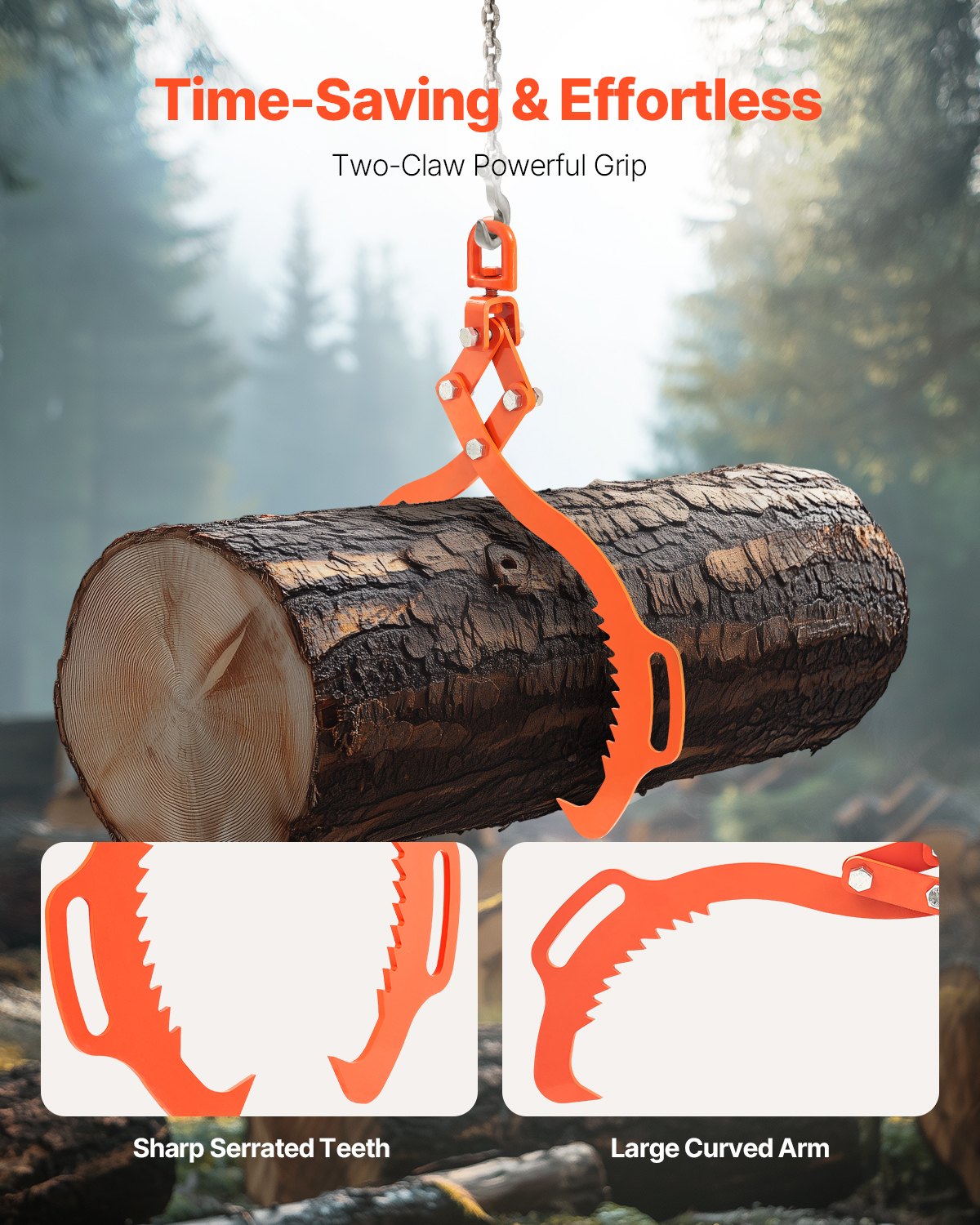 VEVOR 28in Log Lifting Tongs, 2-Claw Log Tongs, Heavy Duty Steel Log Grapple, 1100LBS Lifting Capacity, Swivel Log Graper Timber, Eagle Claw Design, Log Skidding Tongs for Trucks, Tractors, Forklifts
