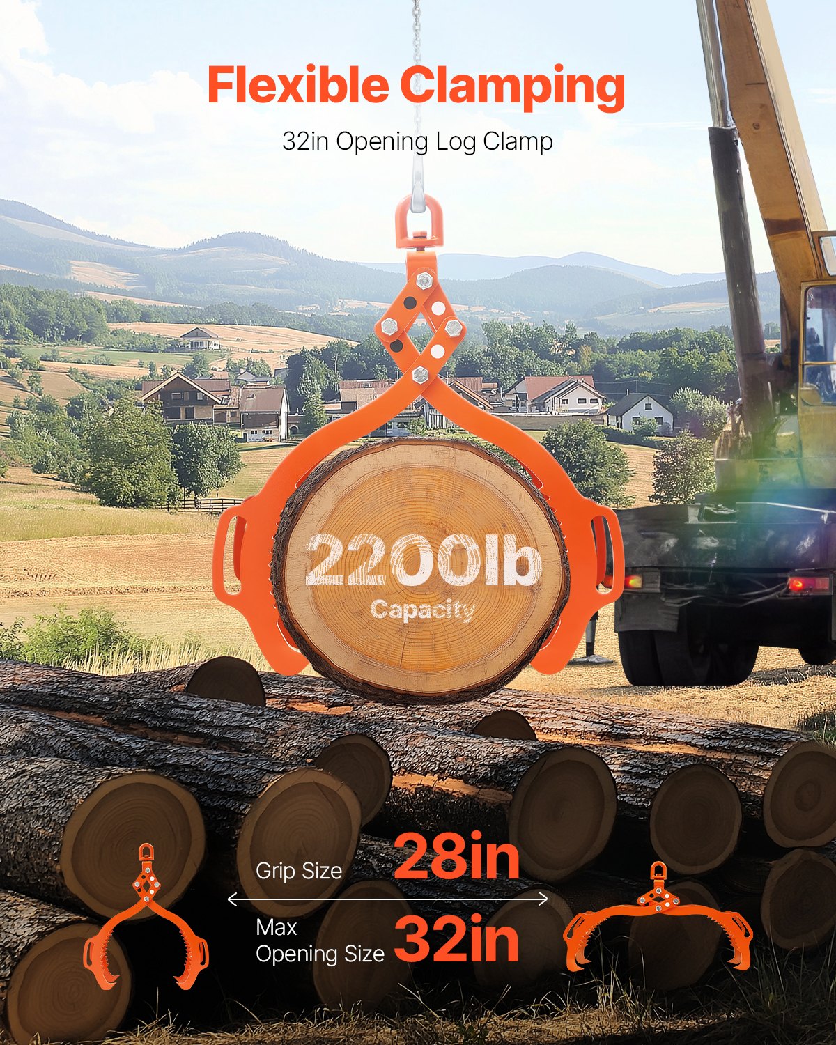 VEVOR 32in Log Lifting Tongs, 4-Claw Log Tongs, Heavy Duty Steel Log Grapple, 2200LBS Lifting Capacity, Swivel Log Graper Timber, Eagle Claw Design, Log Skidding Tongs for Trucks, Tractors, Forklifts