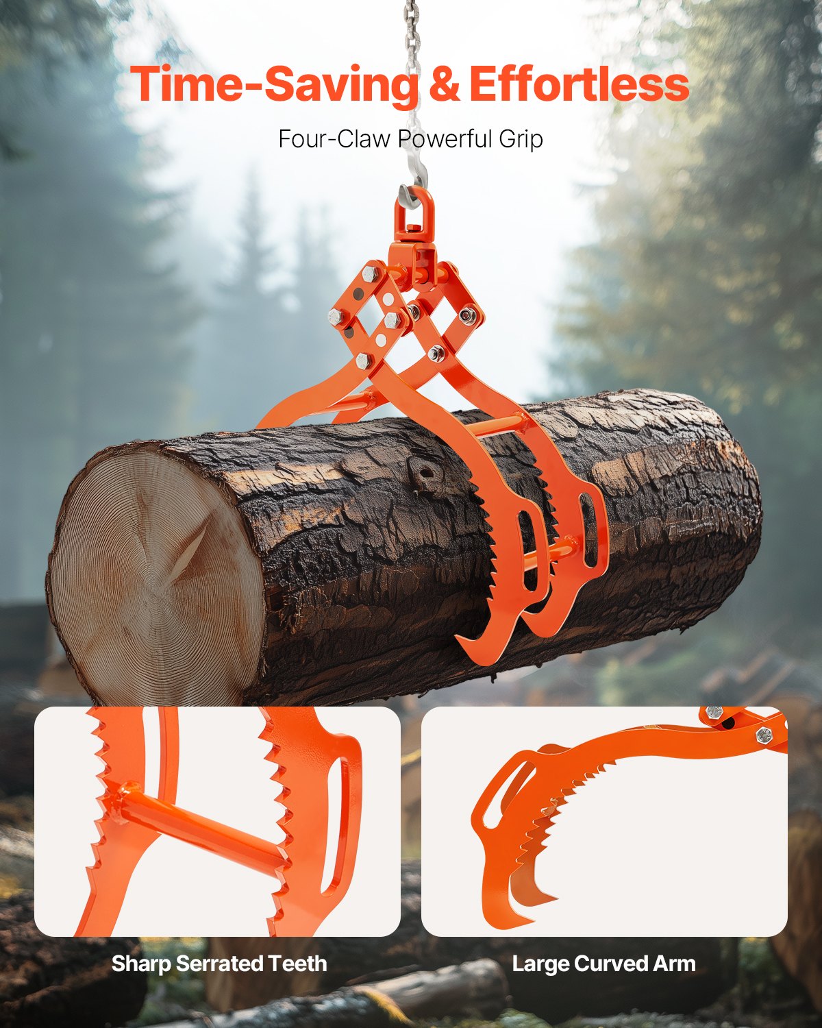 VEVOR 32in Log Lifting Tongs, 4-Claw Log Tongs, Heavy Duty Steel Log Grapple, 2200LBS Lifting Capacity, Swivel Log Graper Timber, Eagle Claw Design, Log Skidding Tongs for Trucks, Tractors, Forklifts