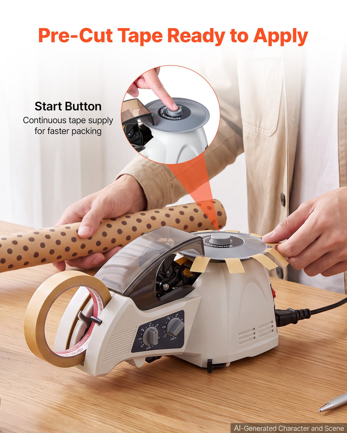 VEVOR Automatic Rotary Tape Dispenser with 10–60mm Adjustable Cut Length, Electric Tape Cutting Packaging Machine, Fits 5–25 mm Width Tape, Suitable for Clear/Masking/Mylar/High-Temperature Tapes