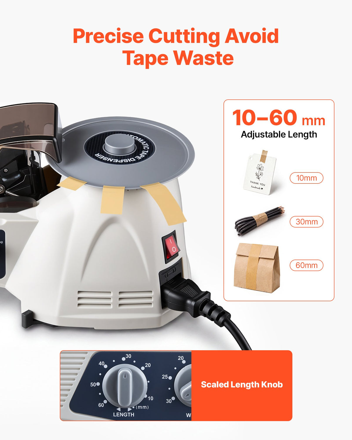 VEVOR Automatic Rotary Tape Dispenser with 10–60mm Adjustable Cut Length, Electric Tape Cutting Packaging Machine, Fits 5–25 mm Width Tape, Suitable for Clear/Masking/Mylar/High-Temperature Tapes