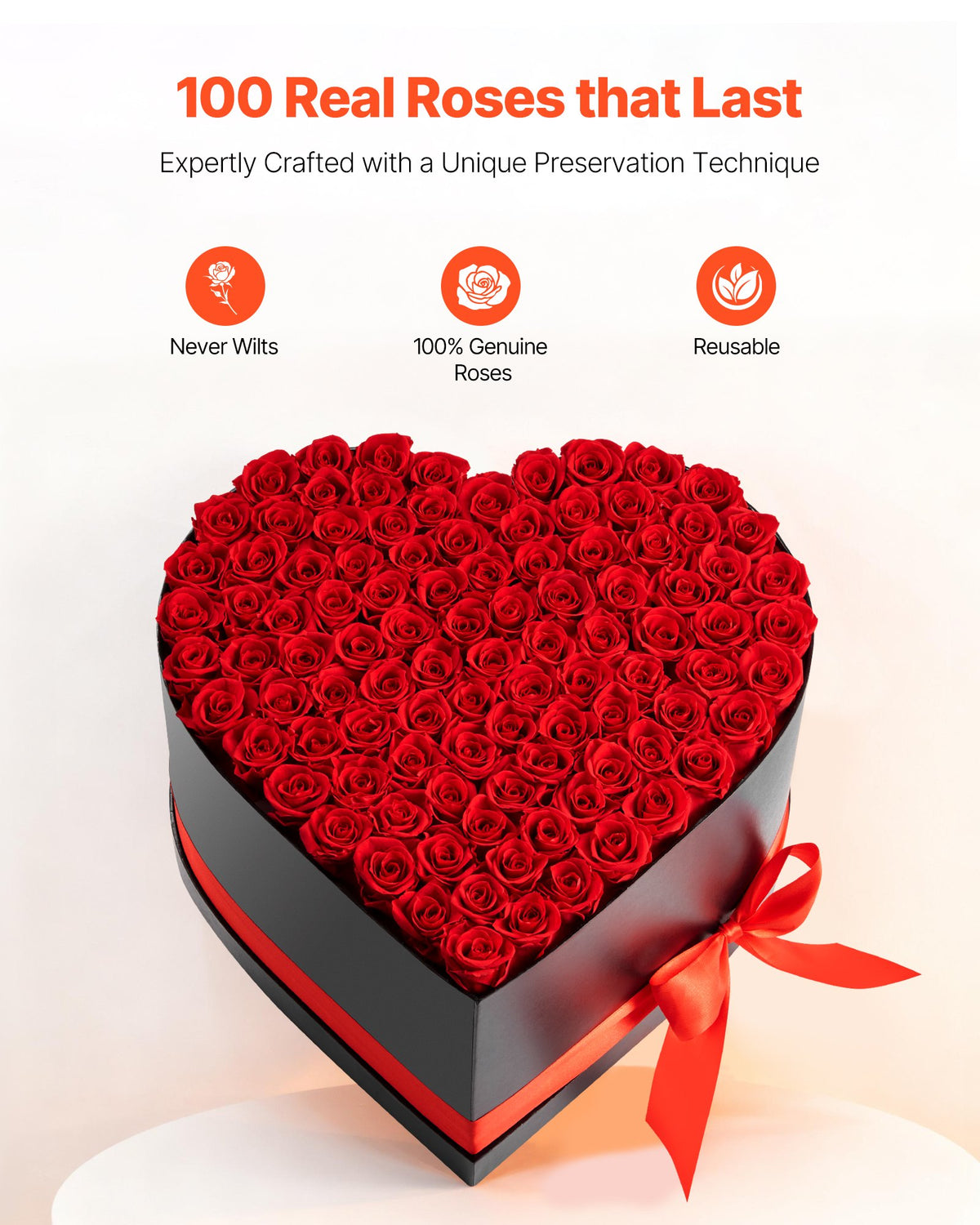 VEVOR Forever Flowers, 100 Preserved Roses in a Heart Shape Box, Eternal Flowers Immortal Bouquet Birthday Present for Women Her Wife Mothers, Anniversary, Valentine's Day,Christmas, Red