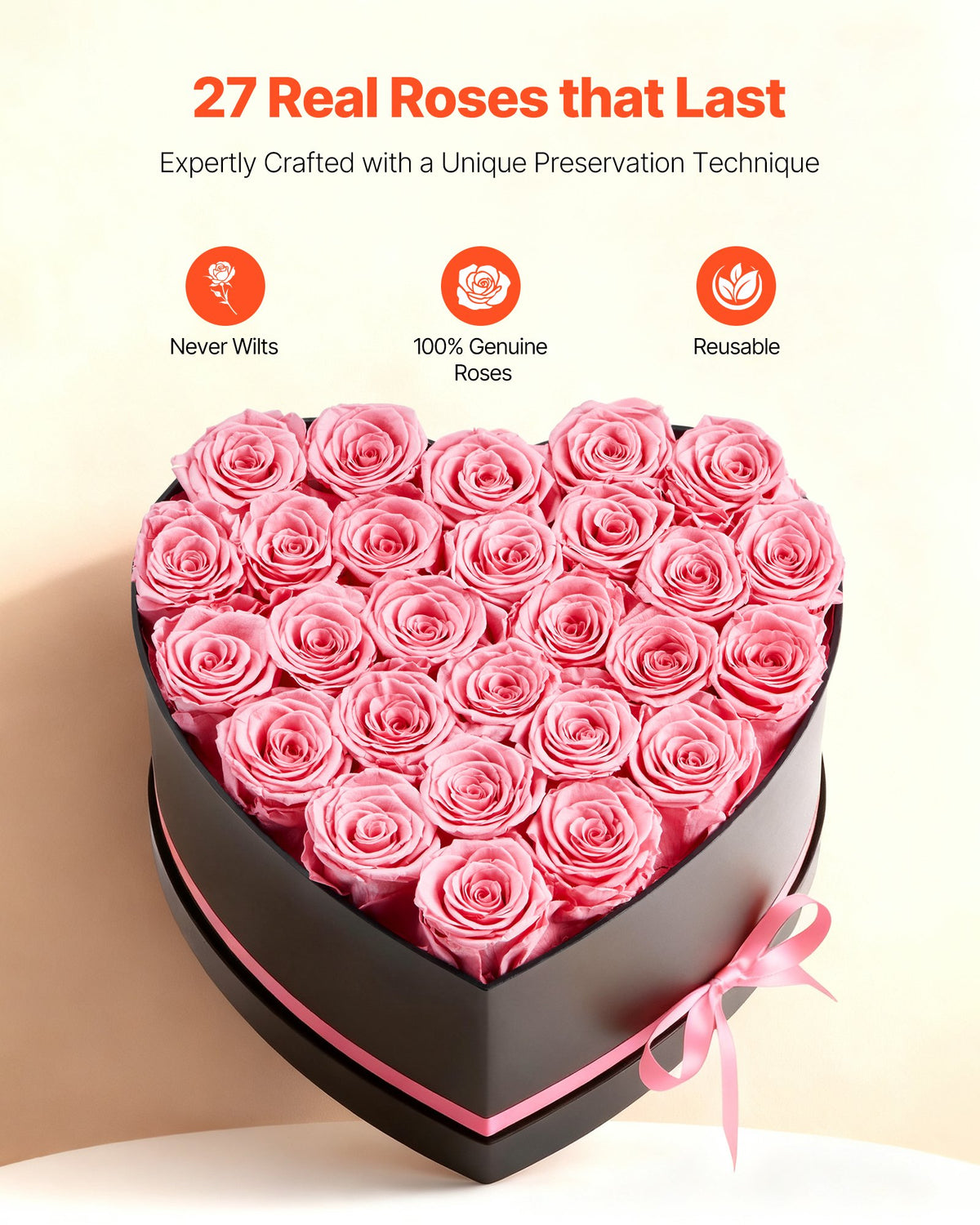 VEVOR Forever Flowers, 27 Preserved Roses in a Heart Shape Box, Eternal Flowers Immortal Bouquet Birthday Present for Women Her Wife Mothers, Anniversary, Valentine's Day,Christmas, Pink