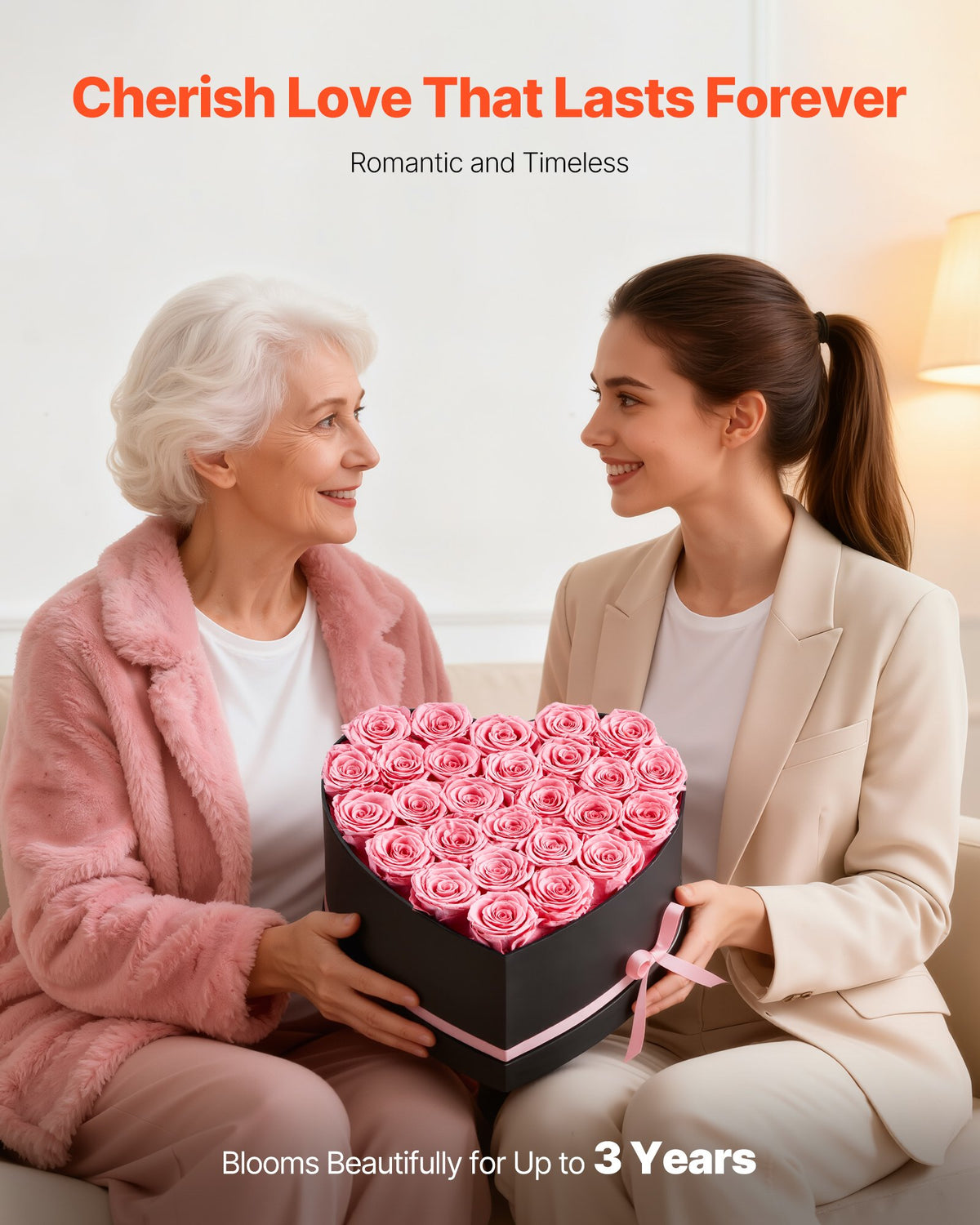 VEVOR Forever Flowers, 27 Preserved Roses in a Heart Shape Box, Eternal Flowers Immortal Bouquet Birthday Present for Women Her Wife Mothers, Anniversary, Valentine's Day,Christmas, Pink
