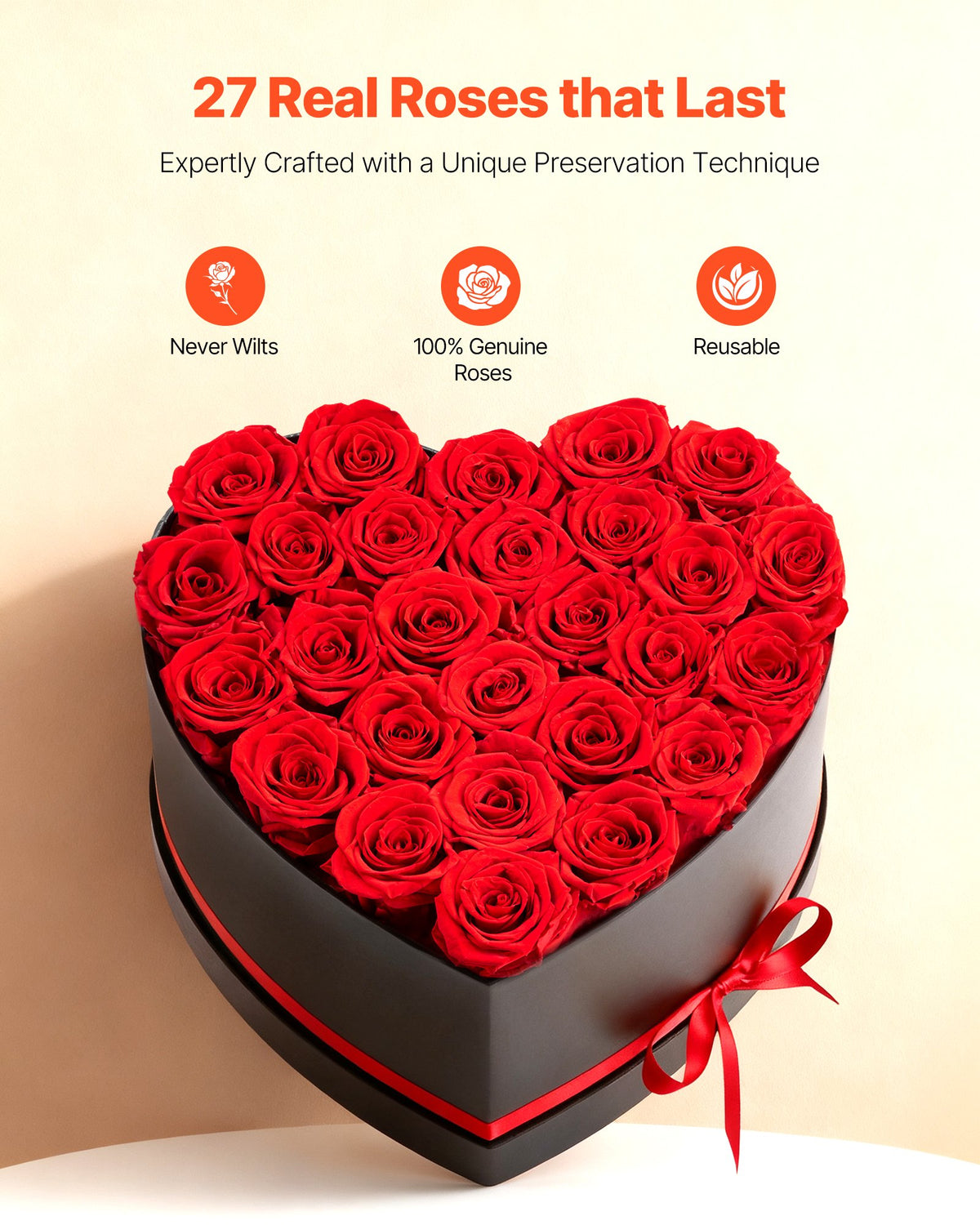 VEVOR Forever Flowers, 27 Preserved Roses in a Heart Shape Box, Eternal Flowers Immortal Bouquet Birthday Present for Delivery Prime Women Her Wife Mothers, Anniversary, Valentine's Day,Christmas, Red
