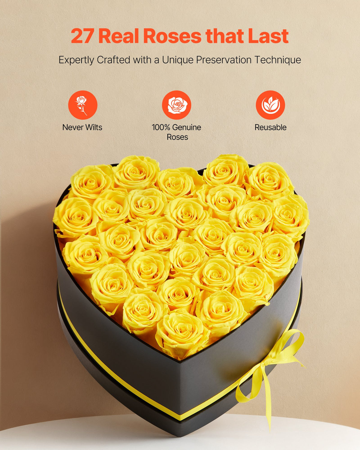 VEVOR Forever Flowers, 27 Preserved Roses in a Heart Shape Box, Eternal Flowers Immortal Bouquet Birthday Present for Women Her Wife Mothers, Anniversary, Valentine's Day,Christmas, Yellow