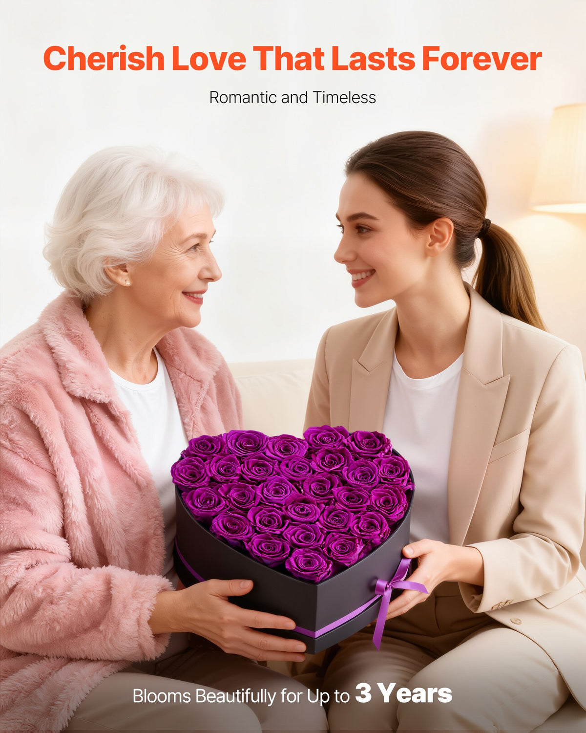 VEVOR Forever Flowers, 27 Preserved Roses in Heart Shape Box, Eternal Flowers Immortal Bouquet Birthday Present for Women Her Wife Mothers, Anniversary, Valentine's Day,Christmas, Purple