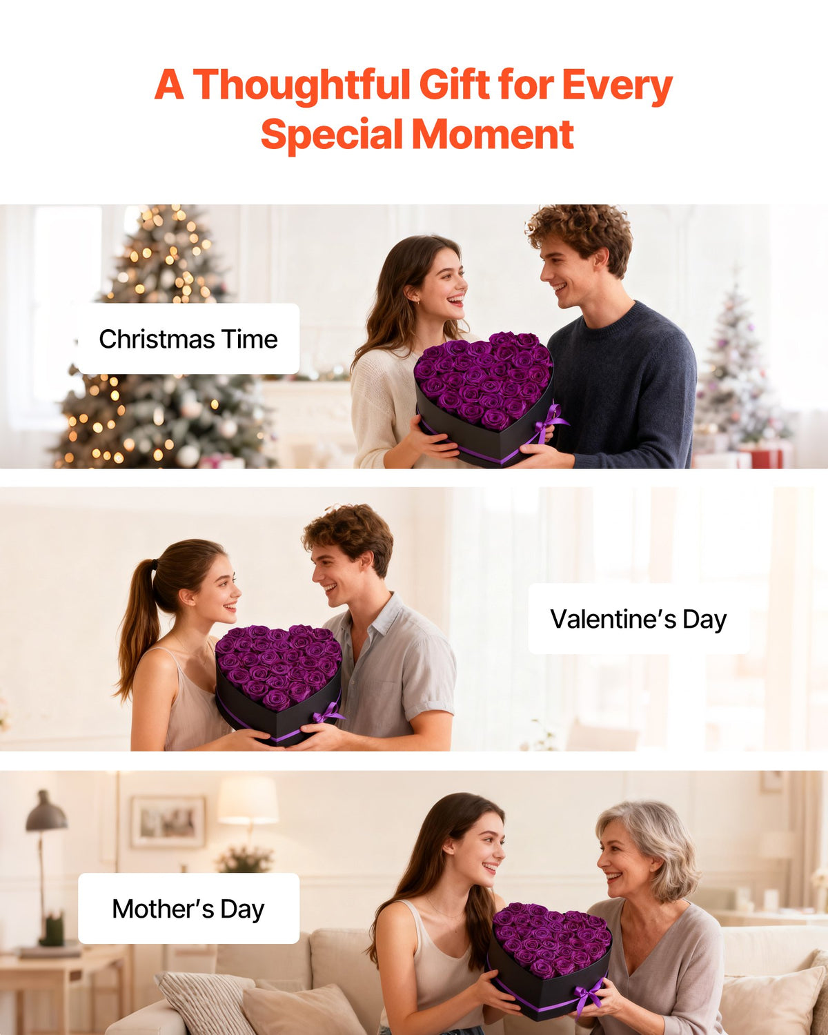 VEVOR Forever Flowers, 27 Preserved Roses in Heart Shape Box, Eternal Flowers Immortal Bouquet Birthday Present for Women Her Wife Mothers, Anniversary, Valentine's Day,Christmas, Purple