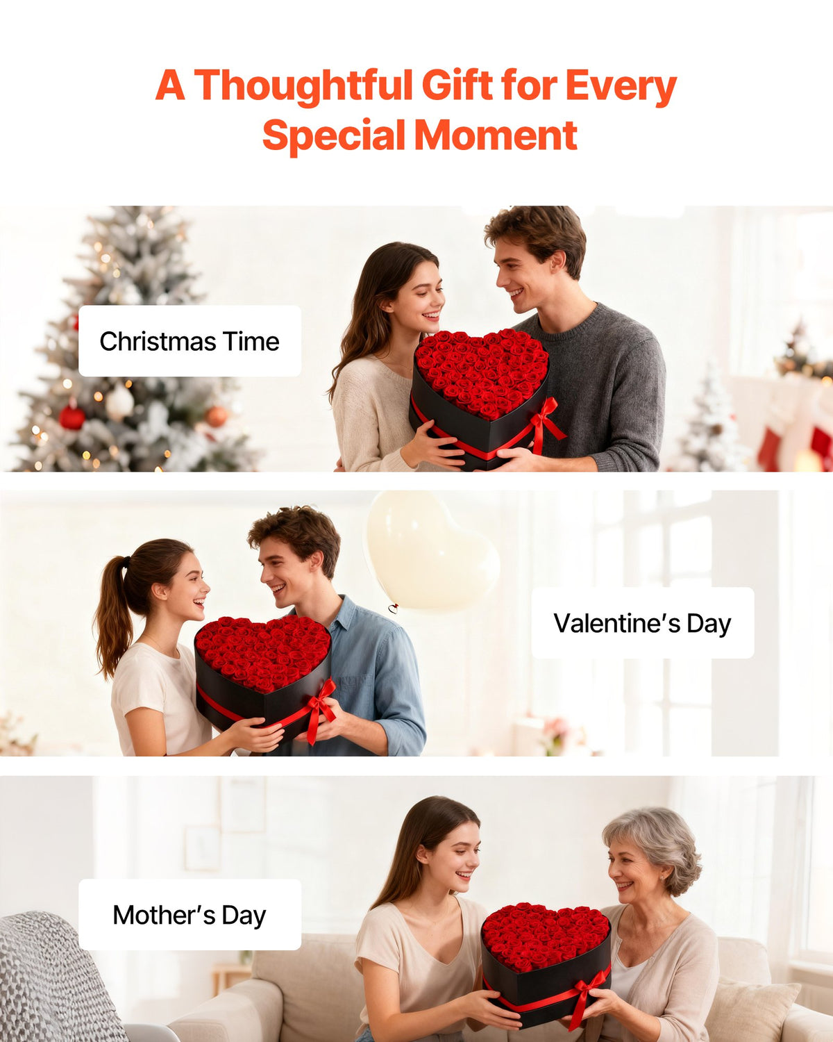 VEVOR Forever Flowers, 50 Preserved Roses in a Heart Shape Box, Eternal Flowers Immortal Bouquet Birthday Present for Delivery Prime Women Her Wife Mothers, Anniversary, Valentine's Day,Christmas, Red