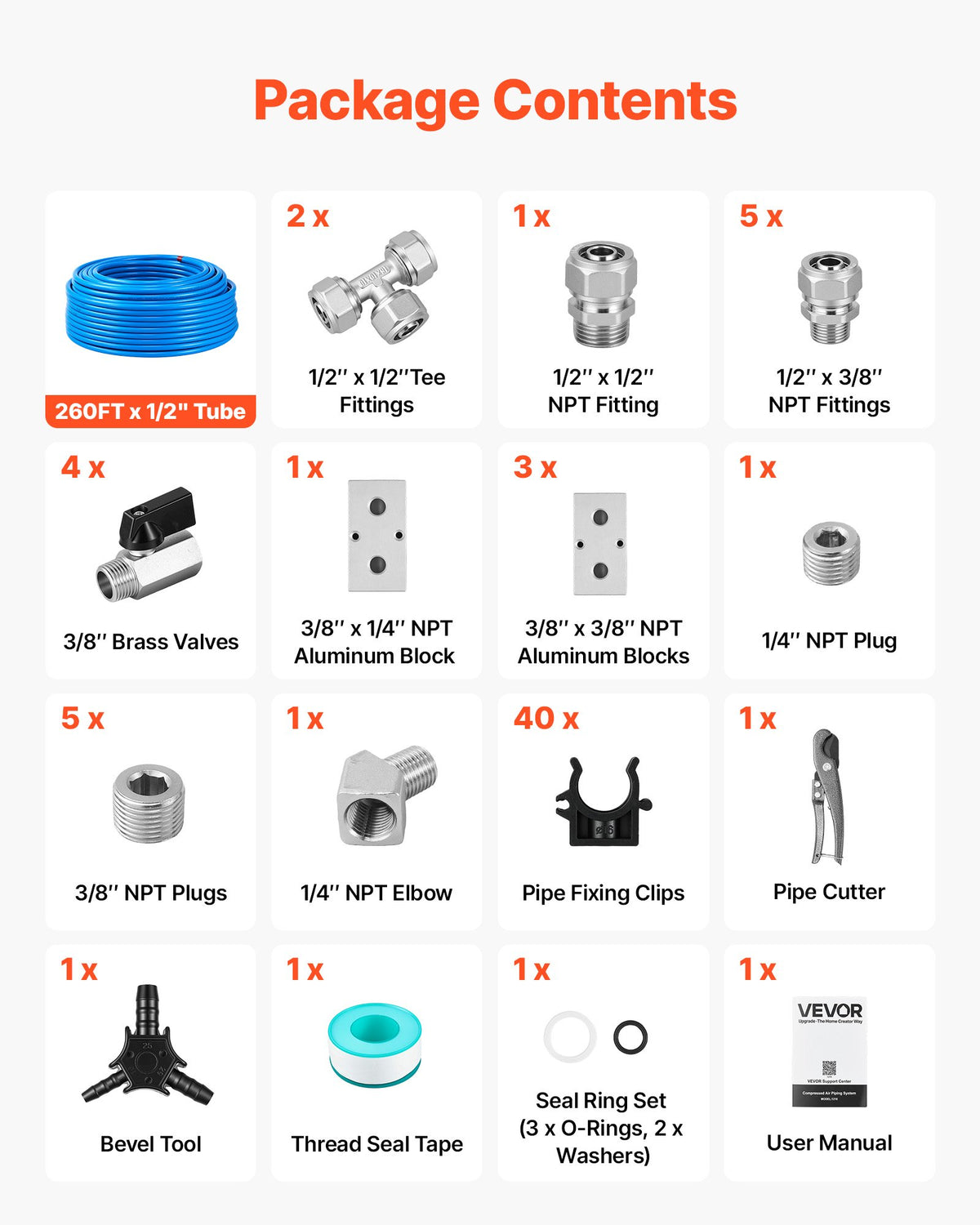 VEVOR Air Compressor Line Kit, 79m x 12.7mm, HDPE-Aluminum Compressed Air Piping System, High Pressure Resistant, Leak-Proof & Easy-to-Install, Compressed Air Tubing Kit for Garages Workshops