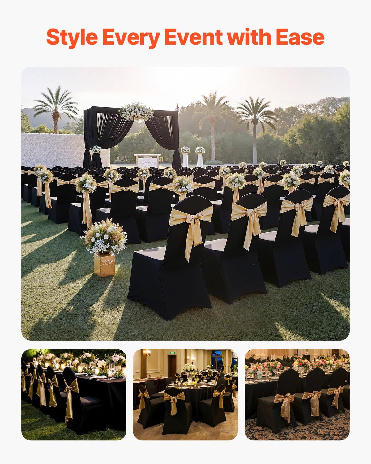 VEVOR 100 Pcs Black Chair Covers, Polyester Spandex Chair Cover, Stretch Slipcovers for Wedding Party Dining Banquet Flat-Front Chair Covers, Fits Chair Measures up to 20.08 x 17.72 x 37.4 inch