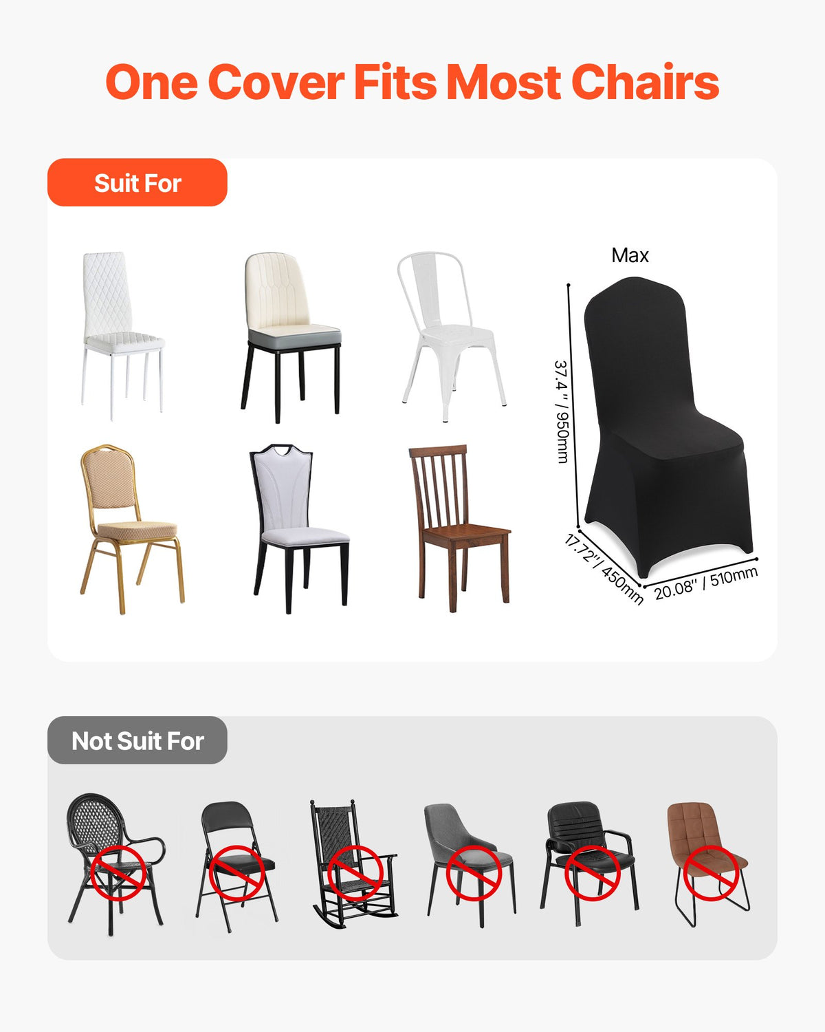 VEVOR 100 Pcs Black Chair Covers, Polyester Spandex Chair Cover, Stretch Slipcovers for Wedding Party Dining Banquet Flat-Front Chair Covers, Fits Chair Measures up to 20.08 x 17.72 x 37.4 inch
