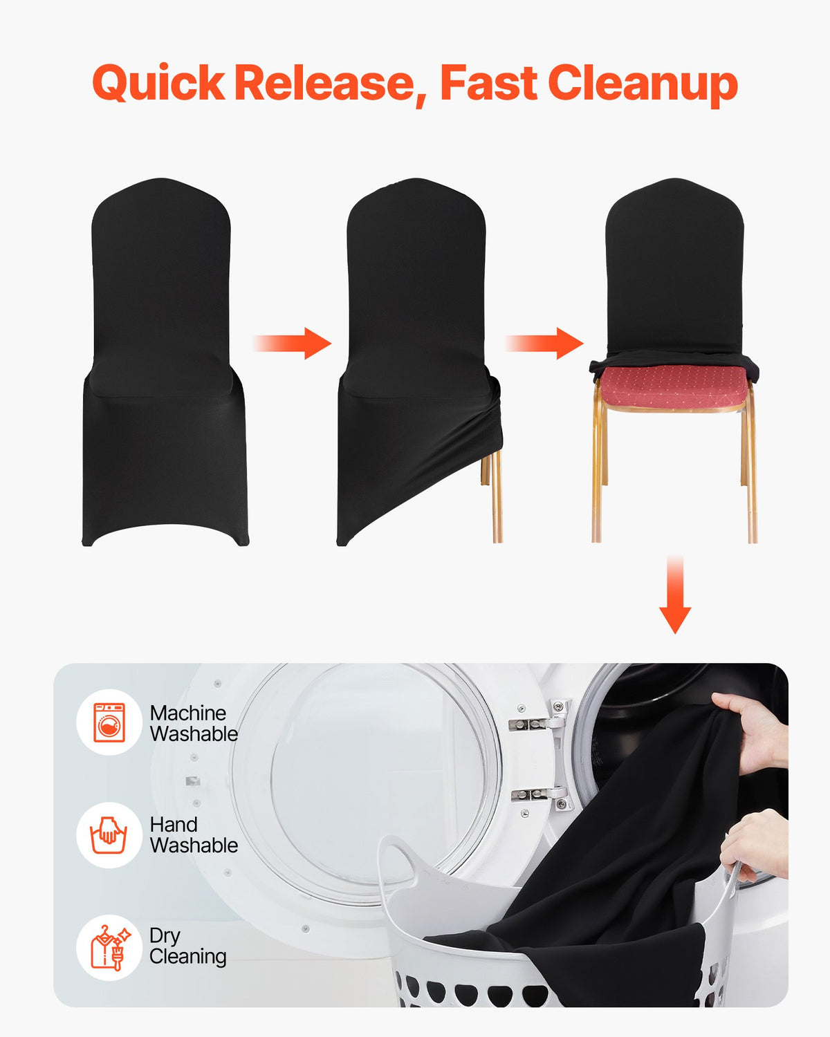 VEVOR 100 Pcs Black Chair Covers, Polyester Spandex Chair Cover, Stretch Slipcovers for Wedding Party Dining Banquet Flat-Front Chair Covers, Fits Chair Measures up to 20.08 x 17.72 x 37.4 inch