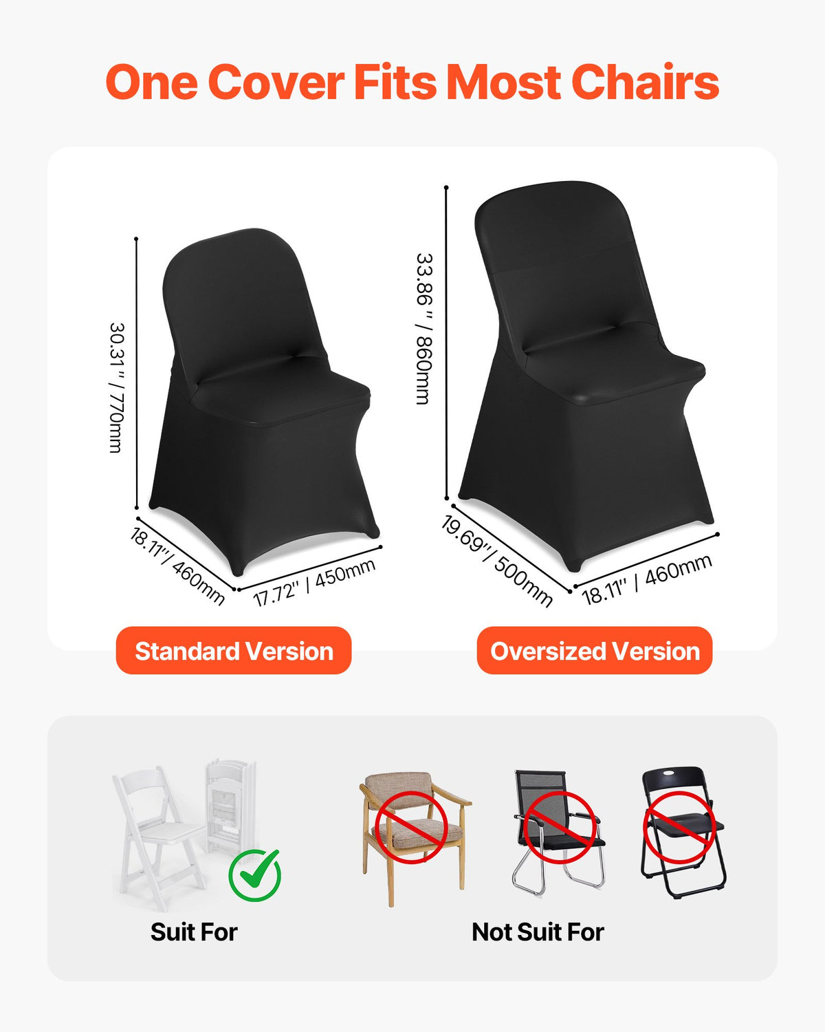 VEVOR 30 Pcs Black Chair Covers, Polyester Spandex Chair Cover, Stretch Slipcovers for Wedding Party Dining Banquet Flat-Front Chair Covers, Fits Chair Measures up to 18.11 x 19.69 x 33.86 inch