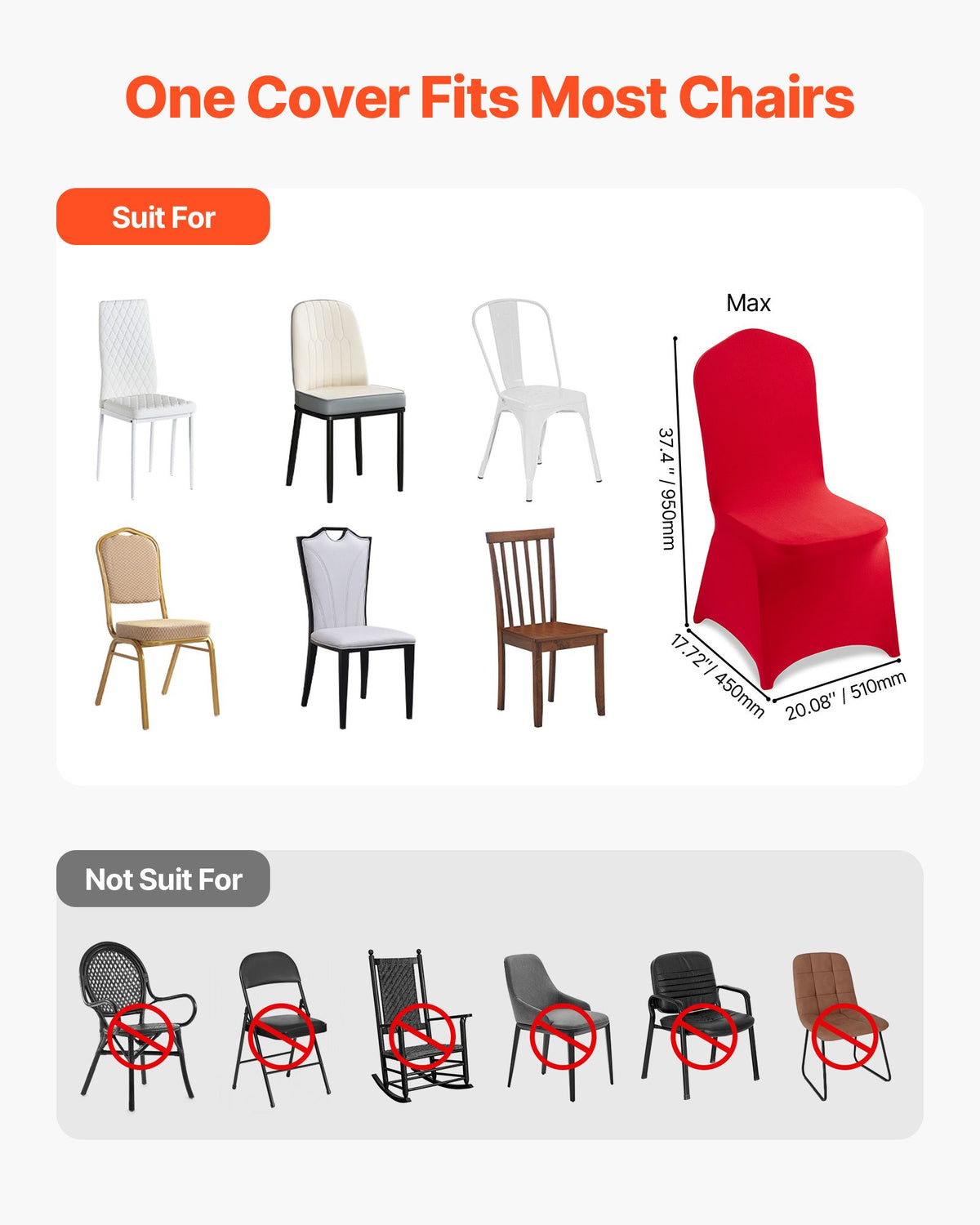 VEVOR 50 Pcs Red Chair Covers, Polyester Spandex Chair Cover, Stretch Slipcovers for Wedding Party Dining Banquet Flat-Front Chair Covers, Fits Chair Measures up to 20.08 x 17.72 x 37.4 inch