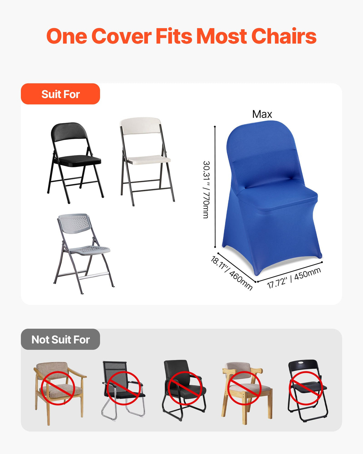 VEVOR 50 Pcs Blue Chair Covers, Polyester Spandex Chair Cover, Stretch Slipcovers for Wedding Party Dining Banquet Flat-Front Chair Covers, Fits Chair Measures up to 17.72 x 18.11 x 30.31 inch