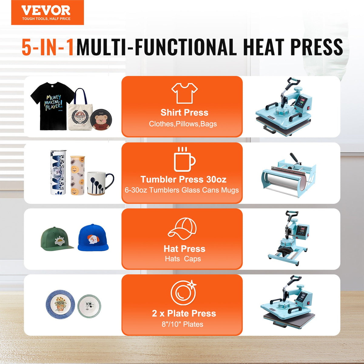 VEVOR Heat Press Machine 300 x 380 mm 8 in 1 with 850.5 g Tumbler Press T-Shirts Green