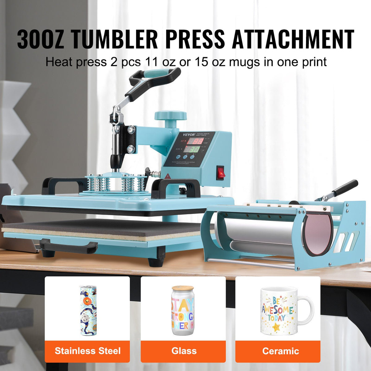 VEVOR Heat Press Machine 300 x 380 mm 8 in 1 with 850.5 g Tumbler Press T-Shirts Green