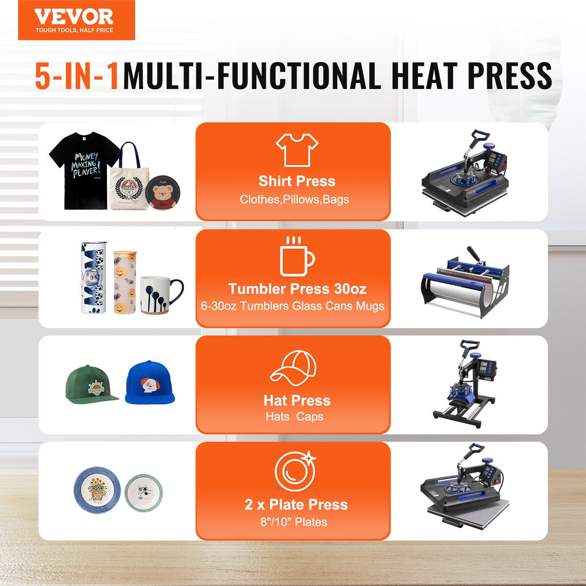 VEVOR 8 in 1 Heat Press Machine 38x38 cm 850.5 g Tumbler Press T-Shirts Black+Blue