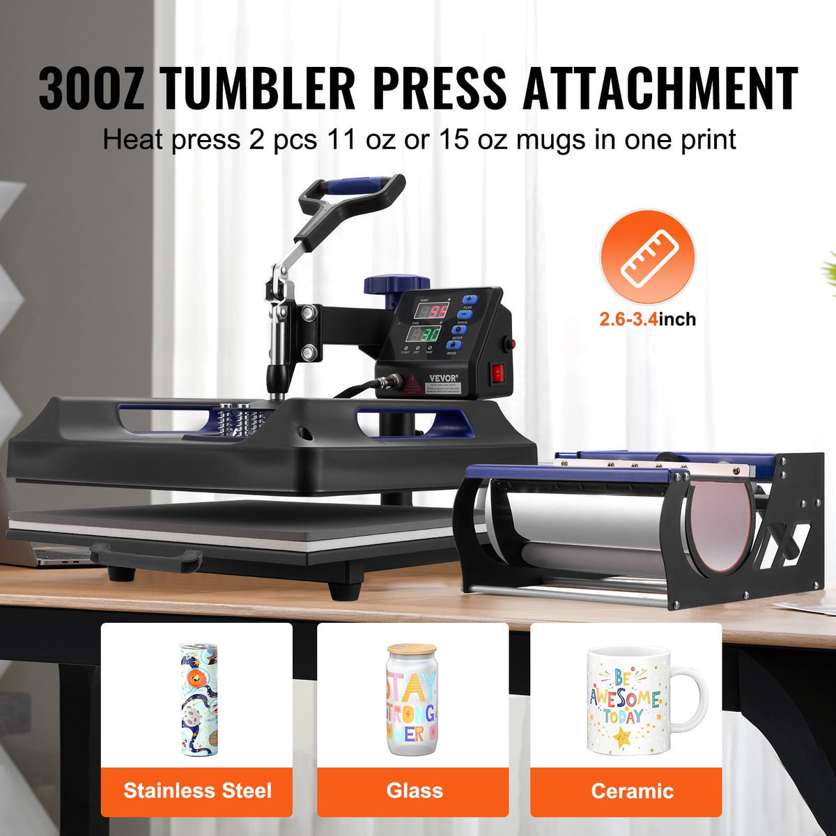 VEVOR 8 in 1 Heat Press Machine 38x38 cm 850.5 g Tumbler Press T-Shirts Black+Blue
