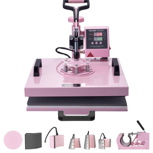 VEVOR Heat Press Machine 380 x 380 mm 8 in 1 Heat Transfer Machine Pink, for T-Shirts, Mugs, Hats, and Plates, with 6-30 oz Tumbler Press, 360° Swing Away T-Shirt Pressing, Digital Precise Control