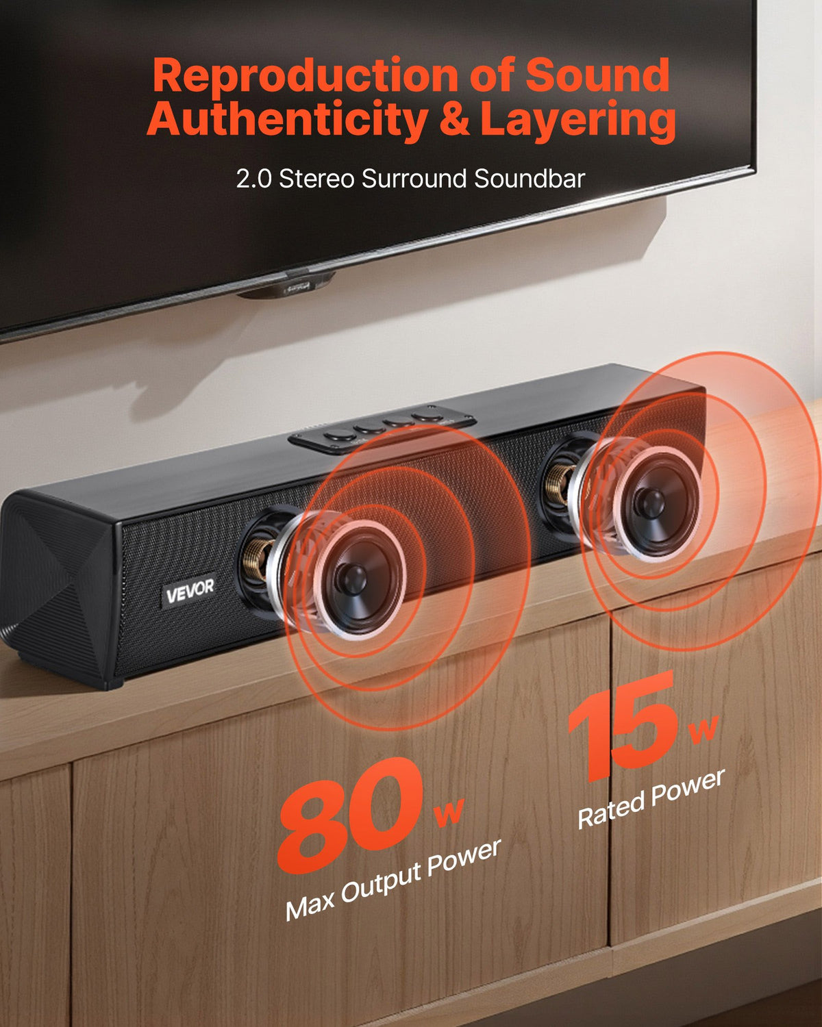 VEVOR Sound Bar for Smart TV, 2.0 Channel, 450 mm Compact Soundbar TV Speakers for Projector, Bluetooth AUX Connection, Remote Control, Easy Setup, 80W Surround Sound System for PC Home Theater Audio