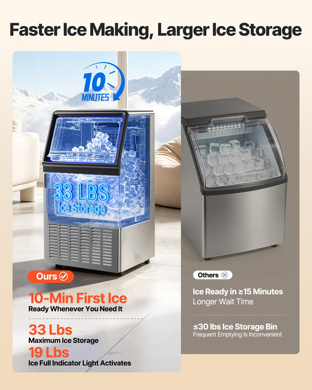 VEVOR Commercial Ice Maker Machine, 54.4 kg/24H Ice Production, 15 kg Storage Bin, 45 Cubes per Cycle, Stainless Steel Under Counter & Freestanding Ice Maker with LED Display, Self-Cleaning, for Home Bar Restaurant