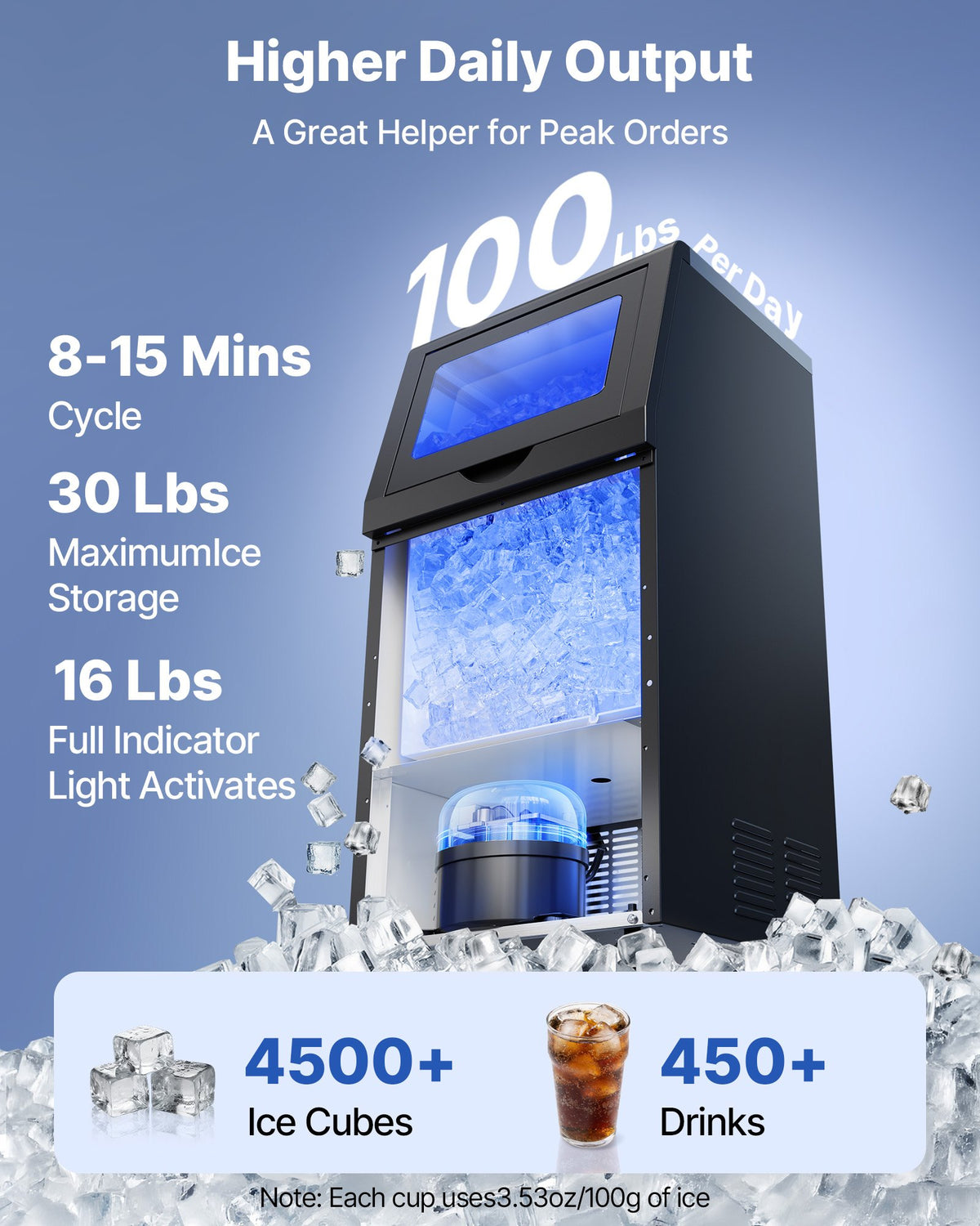 VEVOR Commercial Ice Maker Machine, 45 kg/24h with 14 kg Storage Capacity, Built-in/Freestanding/Under Counter, Stainless Steel Ice Maker with LED Display & Self-Cleaning, for Home Bar Restaurant