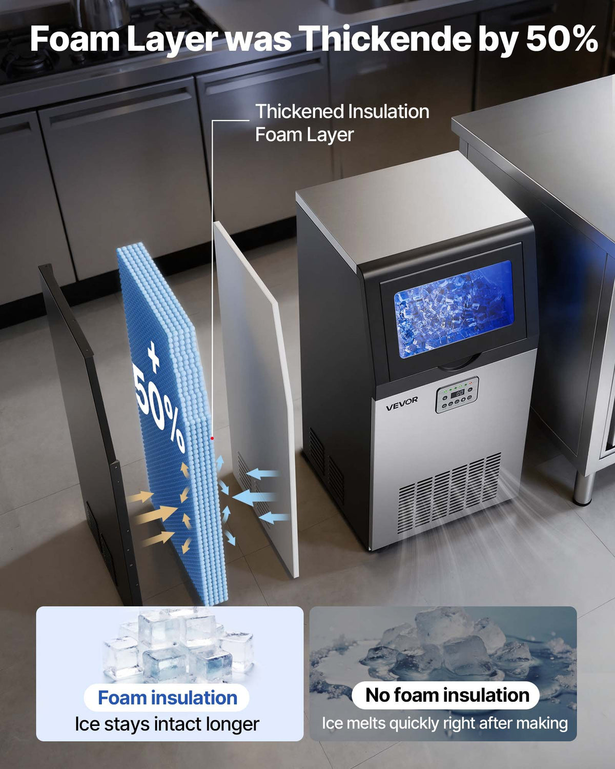 VEVOR Commercial Ice Maker Machine, 45 kg/24h with 14 kg Storage Capacity, Built-in/Freestanding/Under Counter, Stainless Steel Ice Maker with LED Display & Self-Cleaning, for Home Bar Restaurant