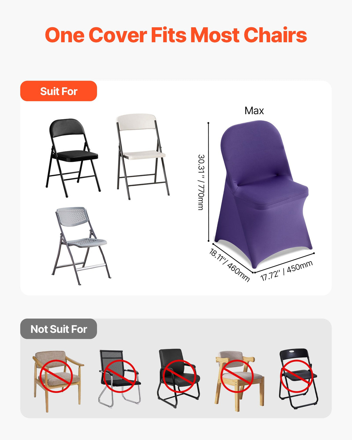 VEVOR 50 Pcs Purple Chair Covers, Polyester Spandex Chair Cover, Stretch Slipcovers for Wedding Party Dining Banquet Flat-Front Chair Covers, Fits Chair Measures up to 17.72 x 18.11 x 30.31 inch
