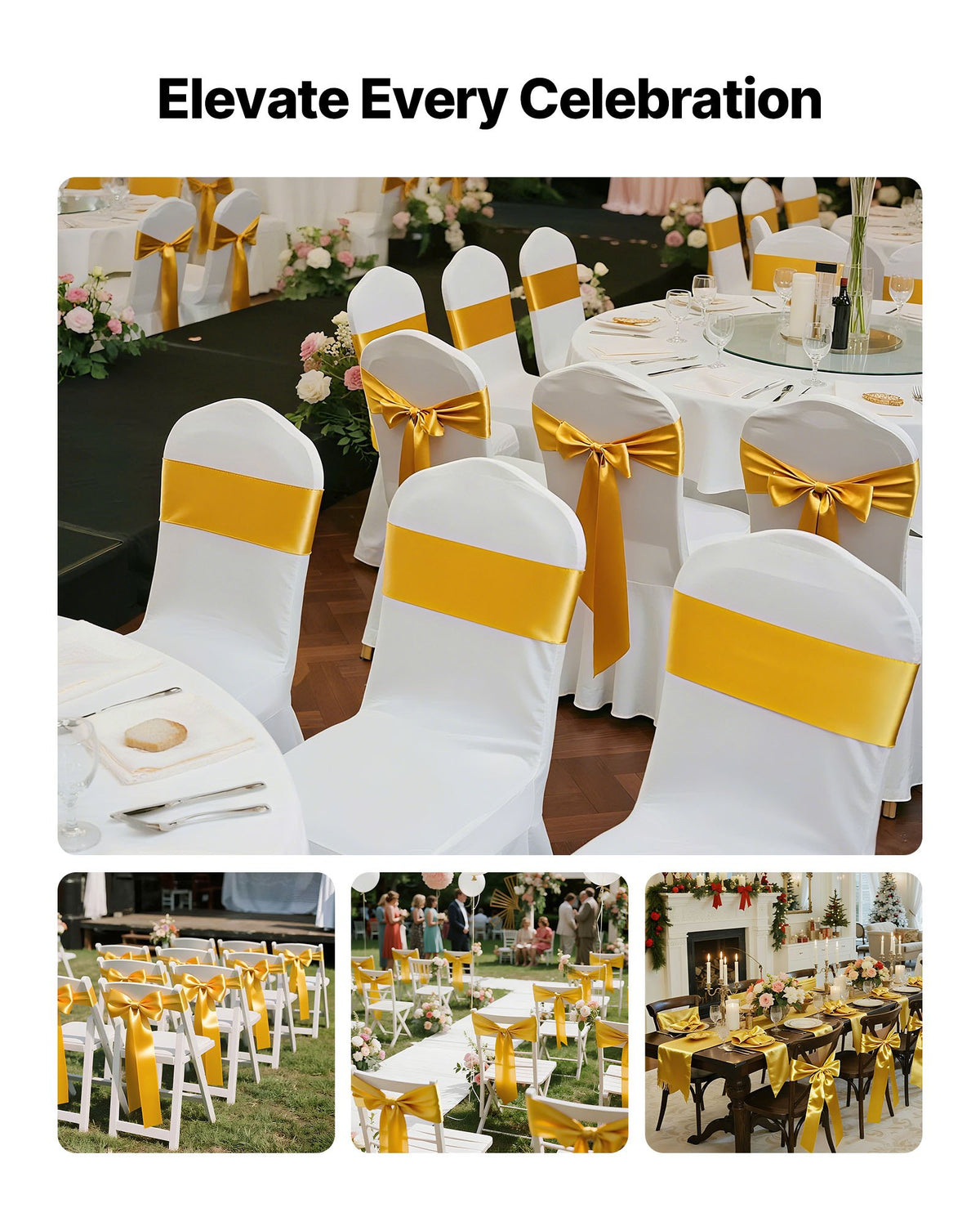VEVOR Satin Chair Sashes Bows, 100PCS Chair Ribbon Ties Back Sash, 7 x 108 inch, Gold Wedding Reception Decoration, for Wedding Ceremony Baby Shower Party Events Banquet Chair Cover Decoration