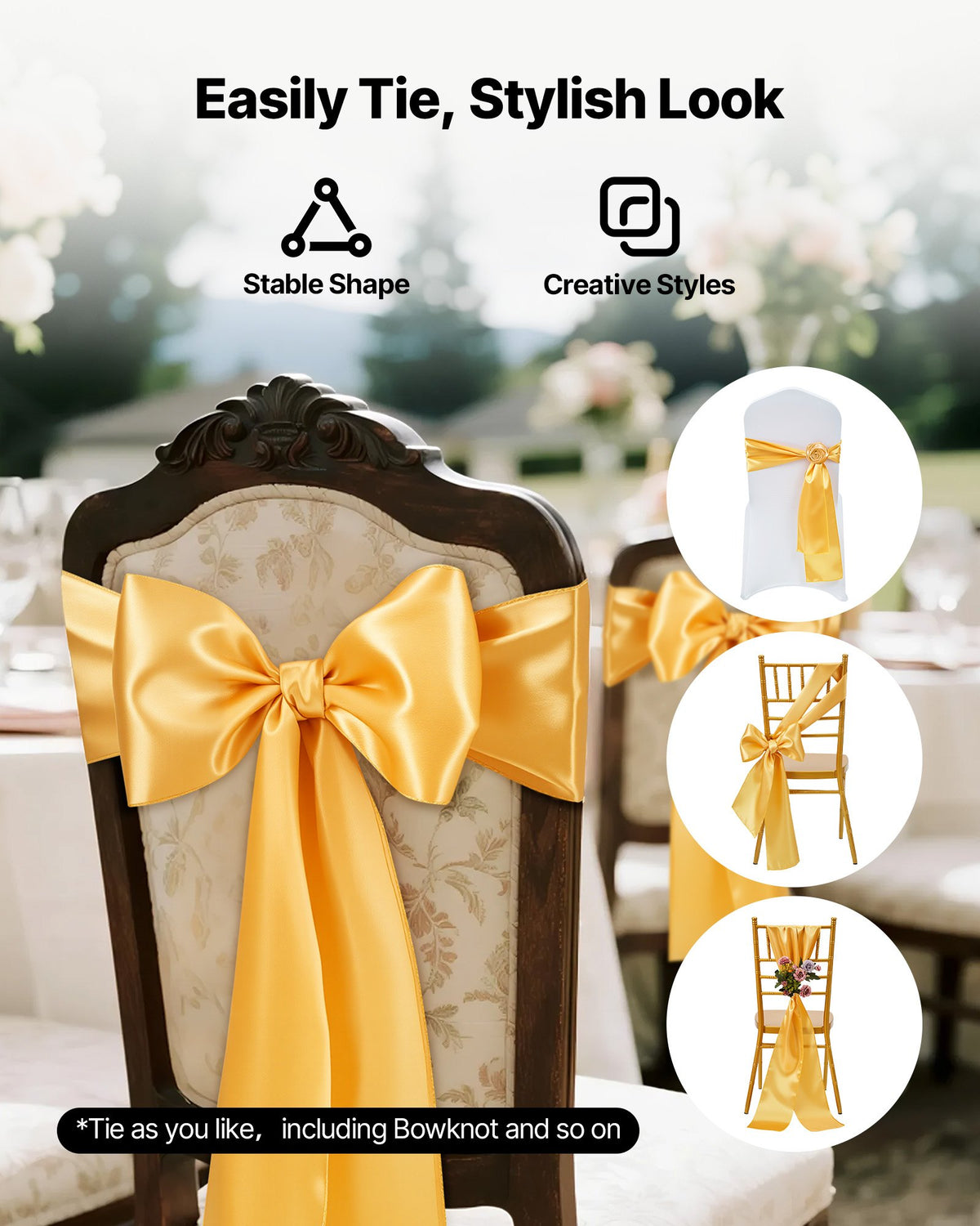 VEVOR Satin Chair Sashes Bows, 100PCS Chair Ribbon Ties Back Sash, 7 x 108 inch, Gold Wedding Reception Decoration, for Wedding Ceremony Baby Shower Party Events Banquet Chair Cover Decoration