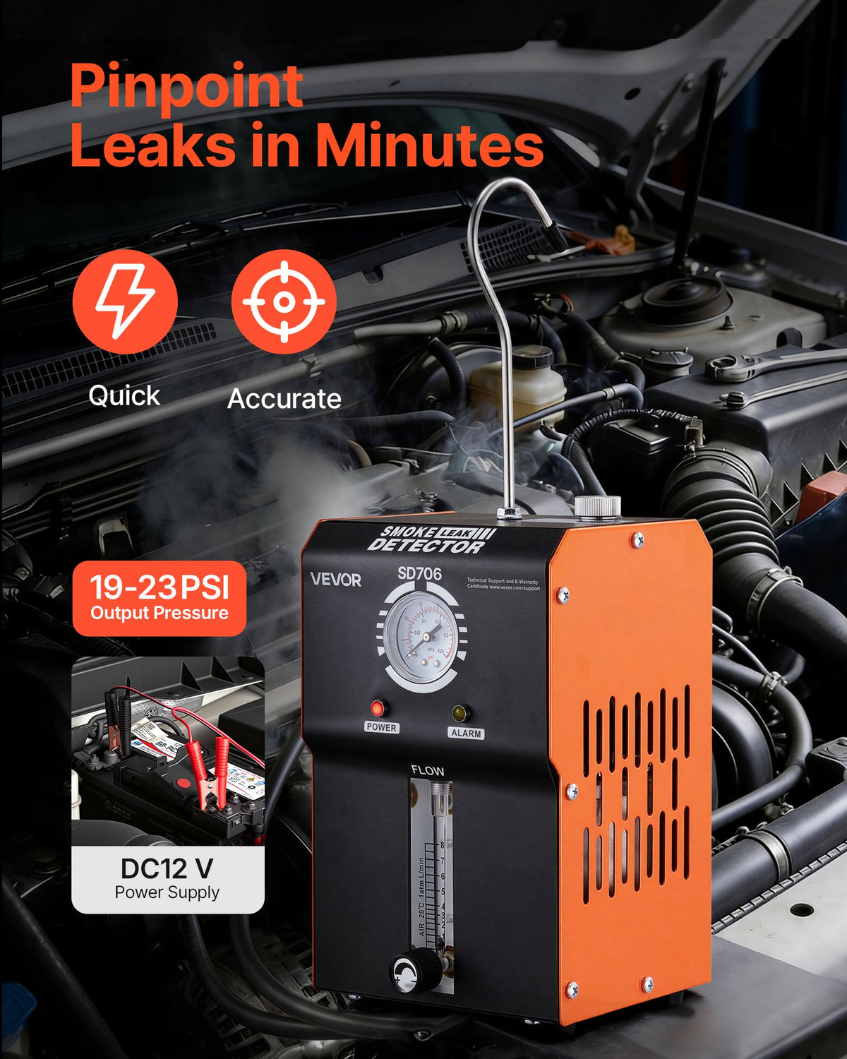 VEVOR Automotive Smoke Machine Leak Detector, DC 12V EVAP Vacuum Diagnostic Tester with Built-in Air Pump, Pressure Gauge & Flow Meter, 2-Mode Fuel Detector for Cars, Motorcycles, Trucks, Boats, ATVs