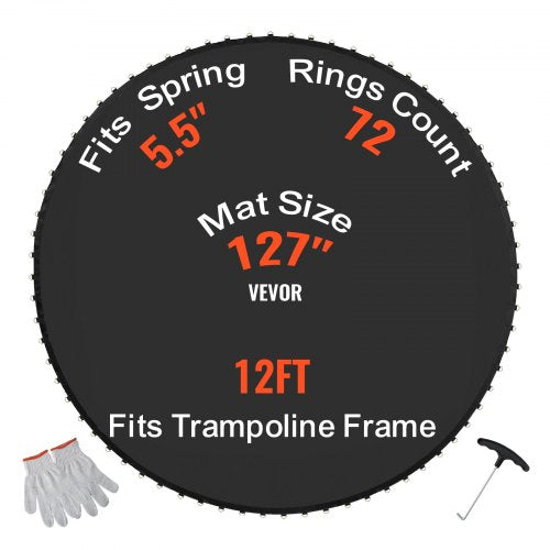 VEVOR Replacement Trampoline Mat, Jumping Mat Fits 12ft Frame, Universal Jumping Mat for 12ft Round Trampoline, Reinforce UV-Resistant Mat with Spring Tool & Durable V-Rings, Fit 5.5" Spring Length
