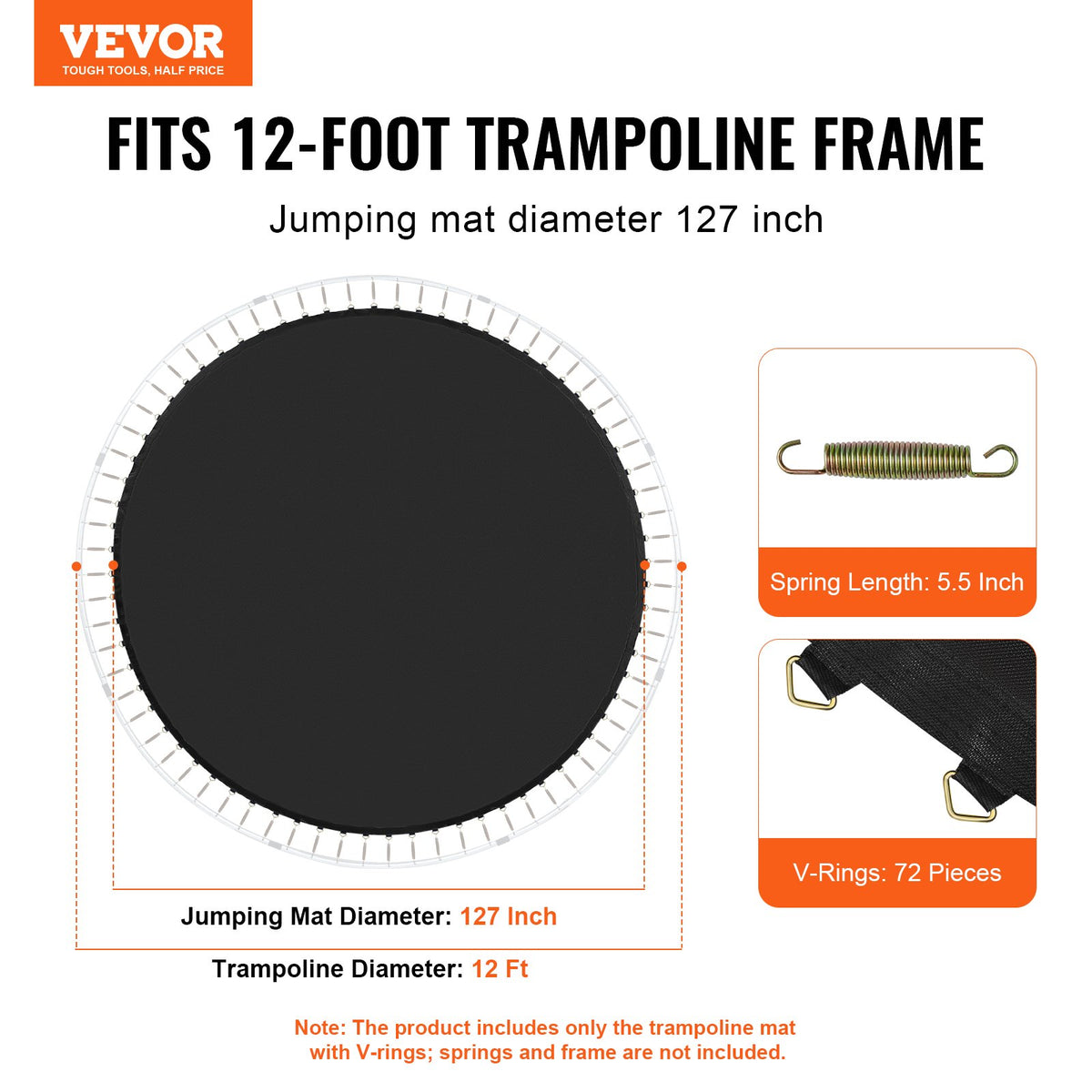 VEVOR Replacement Trampoline Mat, Jumping Mat Fits 12ft Frame, Universal Jumping Mat for 12ft Round Trampoline, Reinforce UV-Resistant Mat with Spring Tool & Durable V-Rings, Fit 5.5" Spring Length