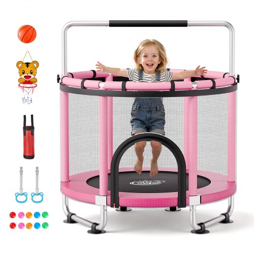 VEVOR 142cm Trampoline for Kids, Toddler Mini Trampoline, 60 kg Indoor Outdoor Play Toys with Enclosure Net and Adjustable Gymnastics Bar, Christmas Toys Birthday Gifts for Girls Boys
