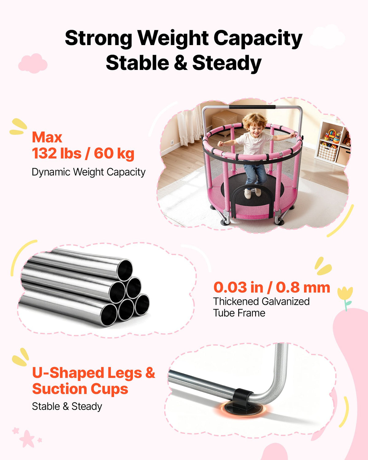 VEVOR 142cm Trampoline for Kids, Toddler Mini Trampoline, 60 kg Indoor Outdoor Play Toys with Enclosure Net and Adjustable Gymnastics Bar, Christmas Toys Birthday Gifts for Girls Boys