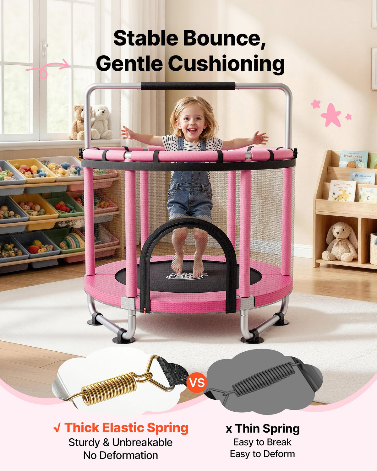 VEVOR 142cm Trampoline for Kids, Toddler Mini Trampoline, 60 kg Indoor Outdoor Play Toys with Enclosure Net and Adjustable Gymnastics Bar, Christmas Toys Birthday Gifts for Girls Boys