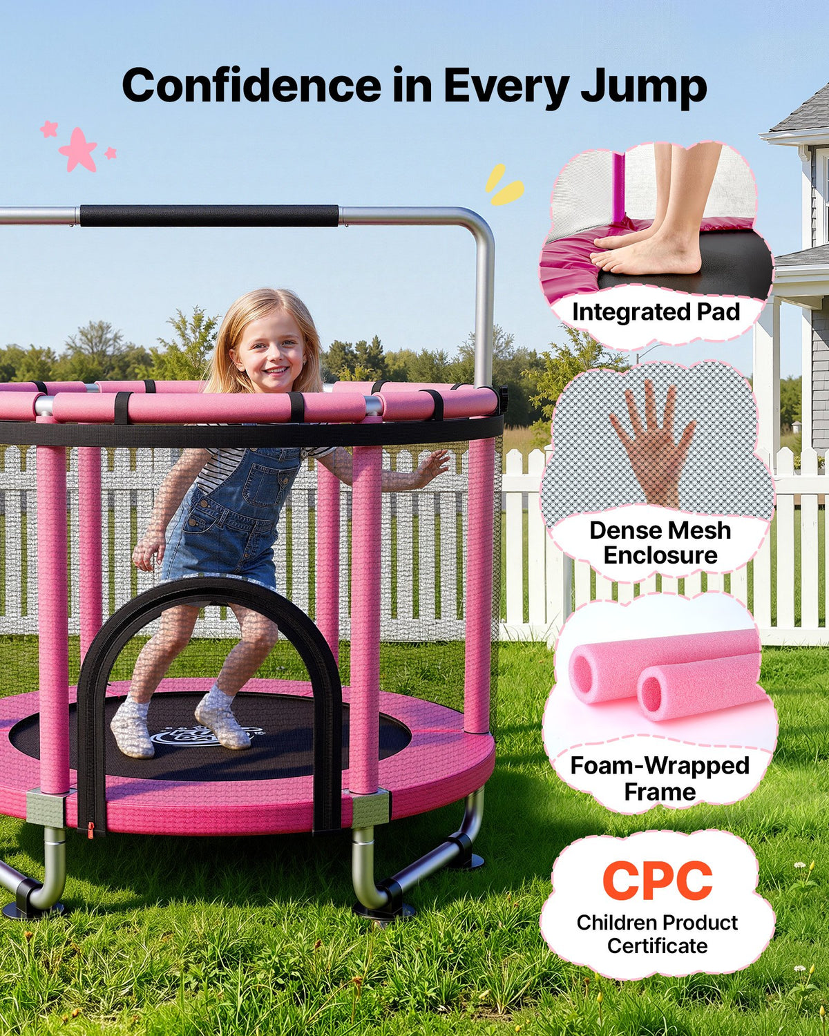 VEVOR 142cm Trampoline for Kids, Toddler Mini Trampoline, 60 kg Indoor Outdoor Play Toys with Enclosure Net and Adjustable Gymnastics Bar, Christmas Toys Birthday Gifts for Girls Boys