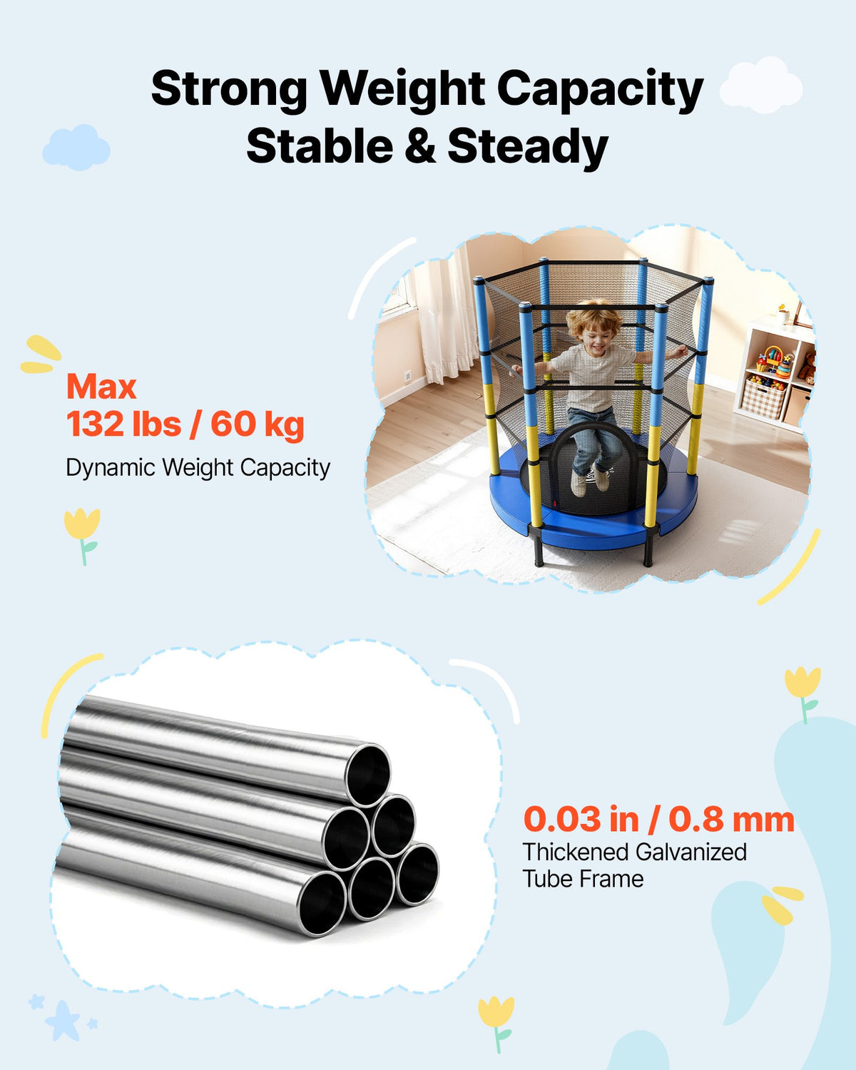 VEVOR 142cm Trampoline for Kids, Toddler Mini Trampoline, 60 kg Capacity Indoor Outdoor Play Toys with Enclosure Net, Easy to Assemble, Christmas Toys Birthday Gifts for Girls Boys