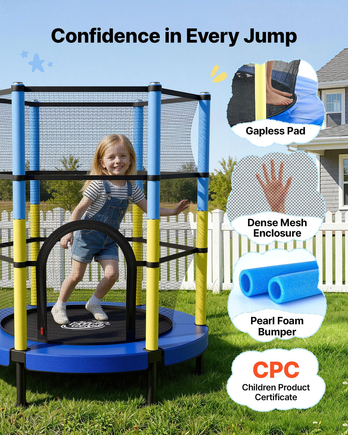 VEVOR 142cm Trampoline for Kids, Toddler Mini Trampoline, 60 kg Capacity Indoor Outdoor Play Toys with Enclosure Net, Easy to Assemble, Christmas Toys Birthday Gifts for Girls Boys